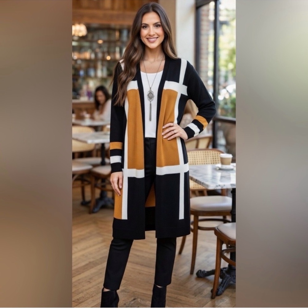 Cato Black Orange White Colorblock Cardigan Sweater NWT Chic Layering